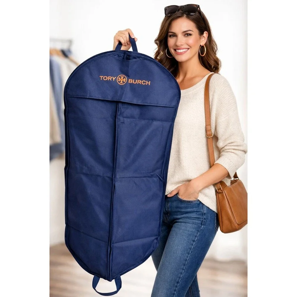 Tory Burch Large Garment Bag Dress Suit Travel Canvas Navy Orange Logo Zip
